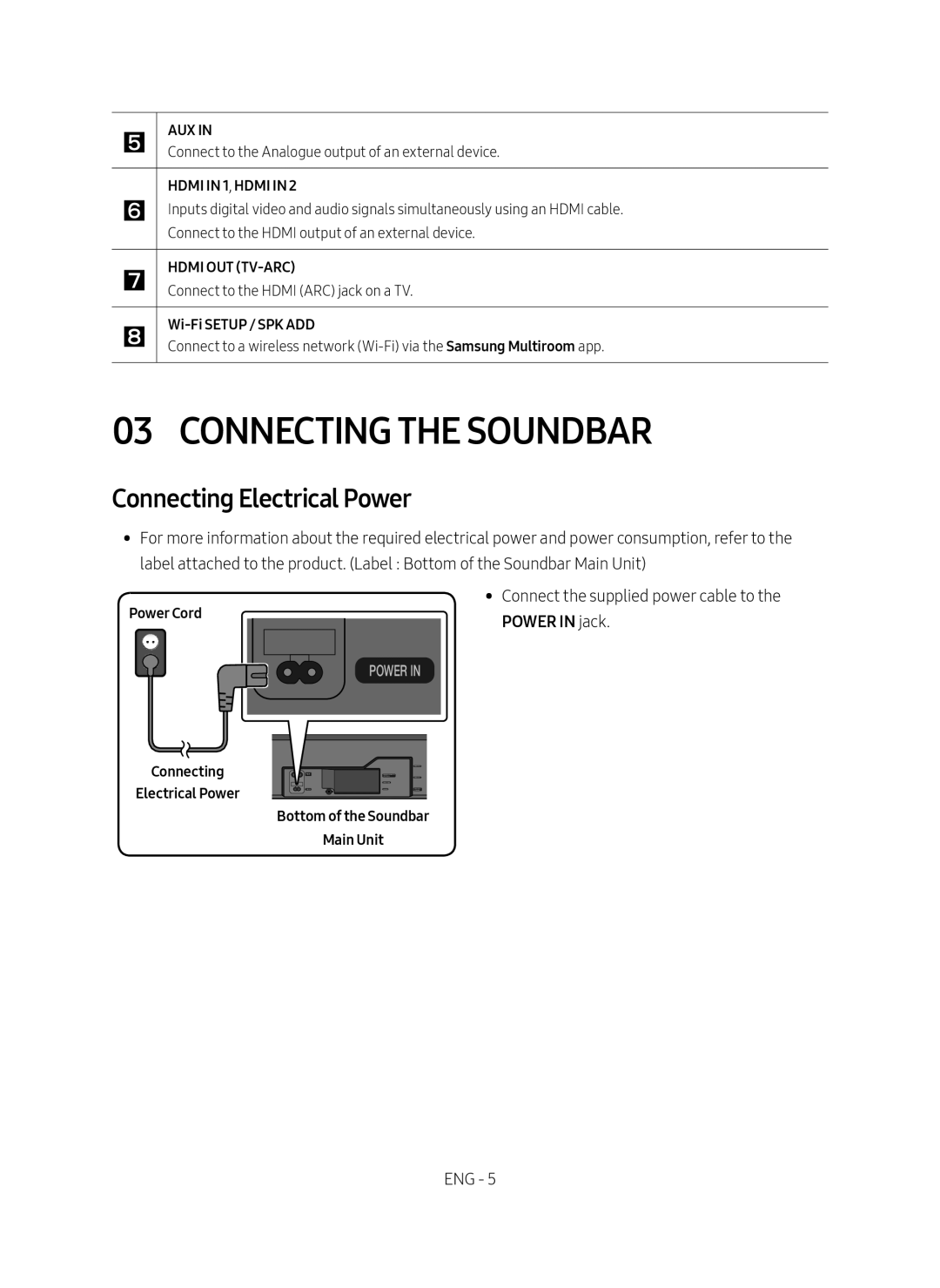 Samsung HW-MS750/XV manual Connecting the Soundbar, Connecting Electrical Power, Wi-Fi Setup / SPK ADD, Power Cord 