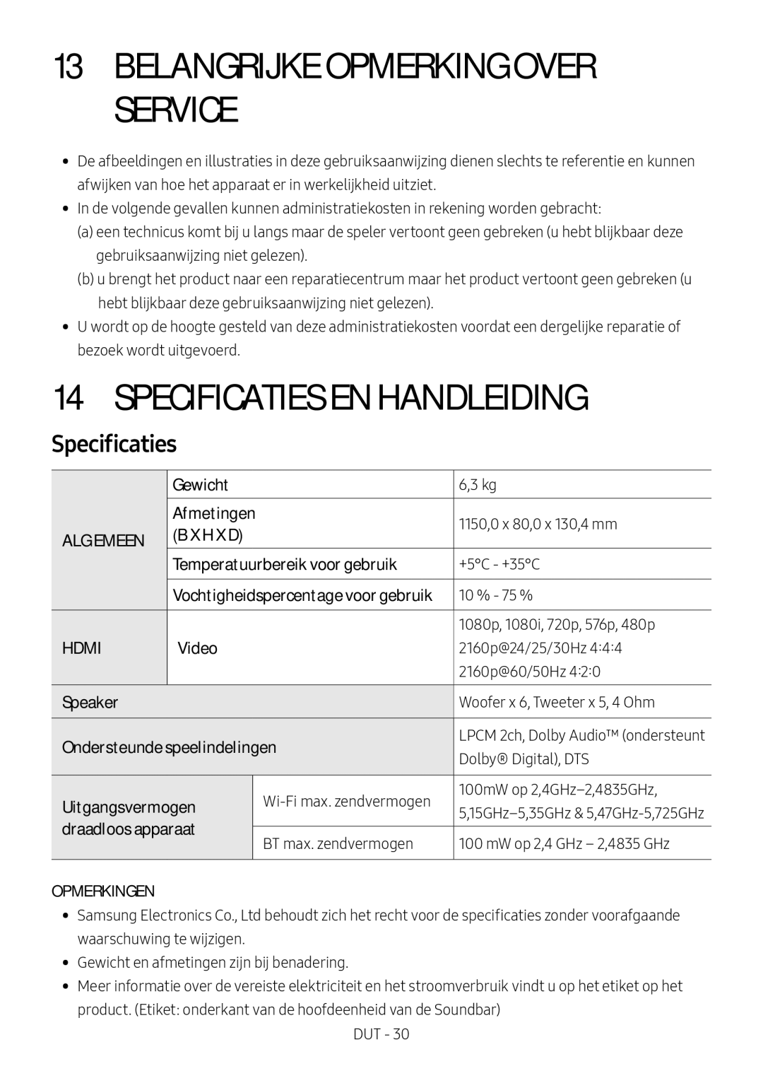 Samsung HW-MS751/EN, HW-MS750/EN, HW-MS751/XN, HW-MS750/XN Belangrijke Opmerking Over Service, Specificaties EN Handleiding 