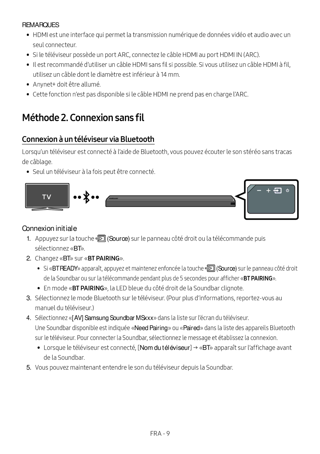 Samsung HW-MS751/XN Méthode 2. Connexion sans fil, Connexion à un téléviseur via Bluetooth, Connexion initiale, Remarques 