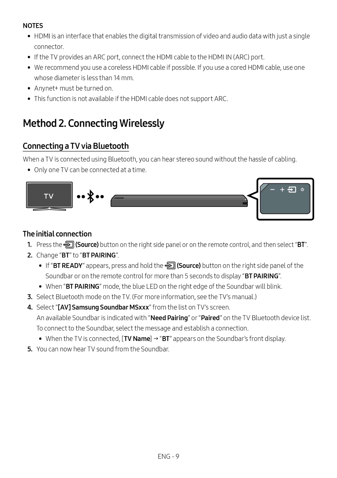 Samsung HW-MS750/EN, HW-MS751/EN manual Method 2. Connecting Wirelessly, Connecting a TV via Bluetooth, Initial connection 