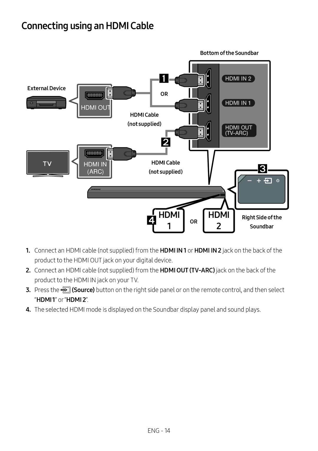 Samsung HW-MS751/XN manual Connecting using an Hdmi Cable, Bottom of the Soundbar External Device, Hdmi Cable Not supplied 