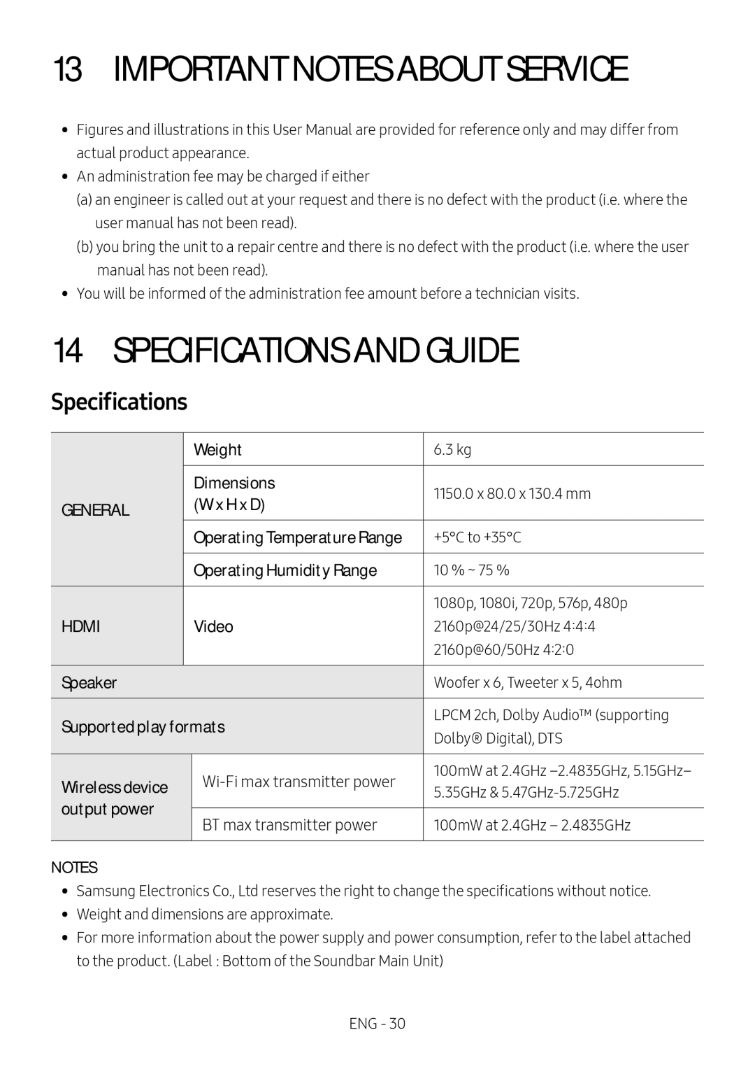 Samsung HW-MS751/XN, HW-MS751/EN, HW-MS750/EN, HW-MS750/XN manual Important Notes about Service, Specifications and Guide 