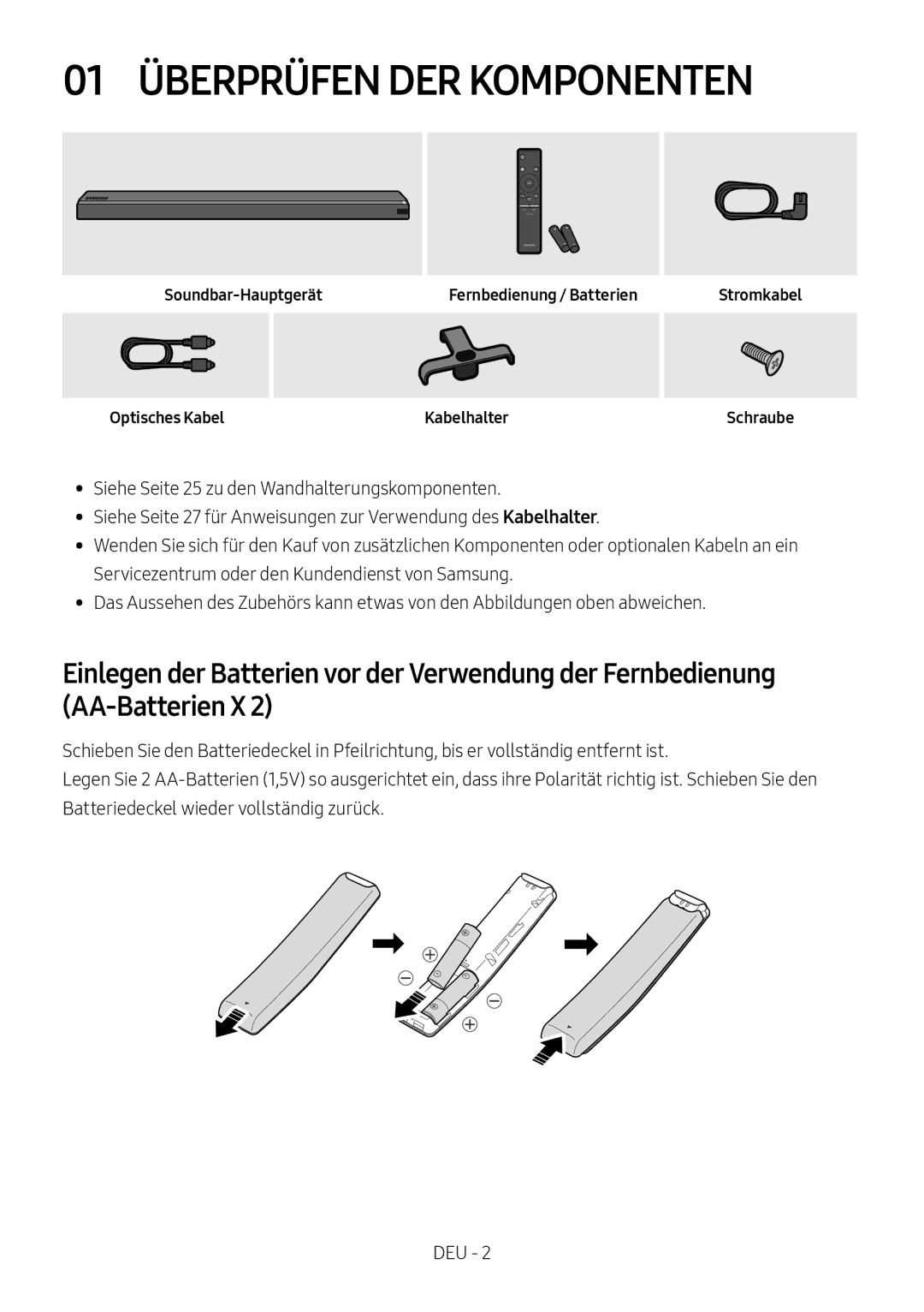 Samsung HW-MS750/EN, HW-MS751/EN 01 Überprüfen DER Komponenten, Soundbar-Hauptgerät, Optisches Kabel, Stromkabel Schraube 