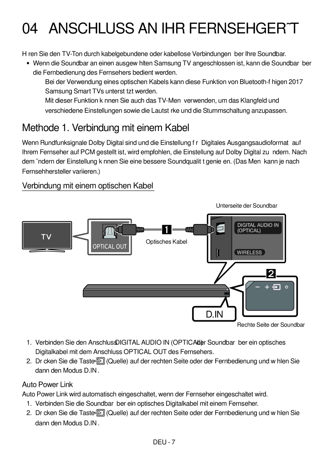 Samsung HW-MS751/XN manual Anschluss AN IHR Fernsehgerät, Methode 1. Verbindung mit einem Kabel, Rechte Seite der Soundbar 