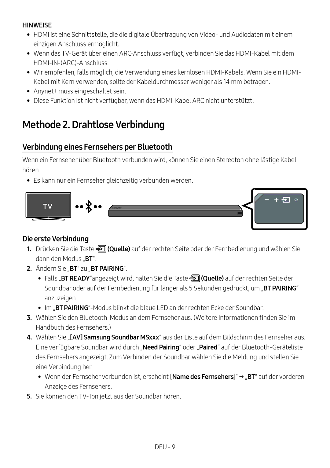 Samsung HW-MS751/EN manual Methode 2. Drahtlose Verbindung, Verbindung eines Fernsehers per Bluetooth, Die erste Verbindung 