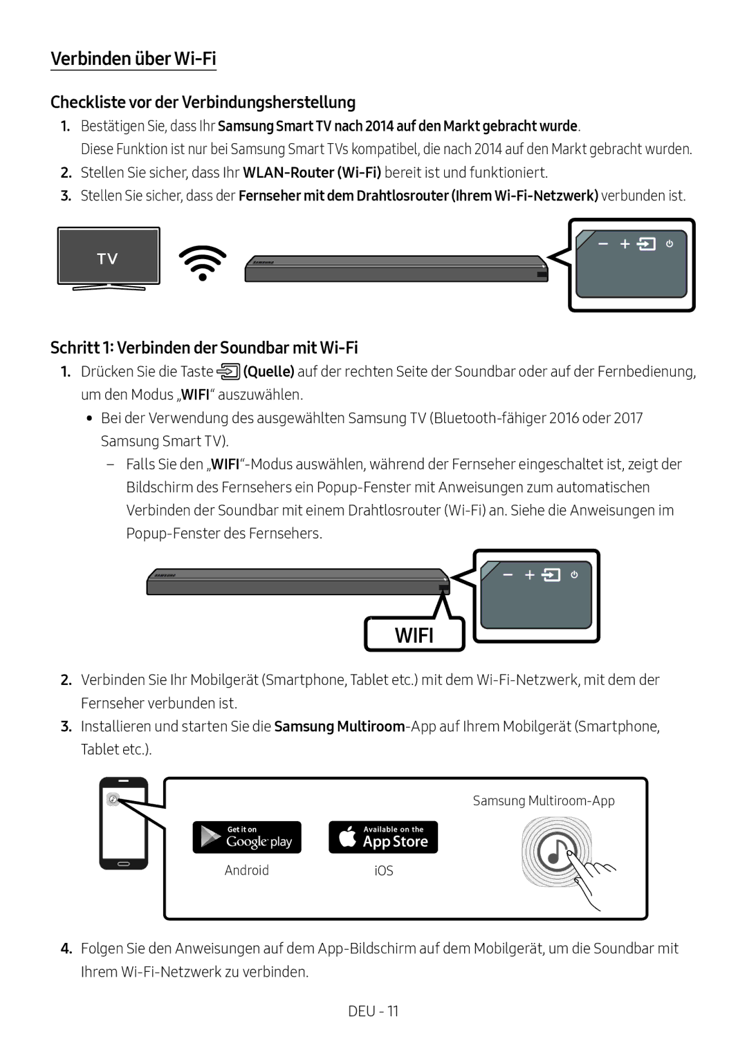 Samsung HW-MS751/XN Verbinden über Wi-Fi, Checkliste vor der Verbindungsherstellung, Samsung Multiroom-App AndroidiOS 