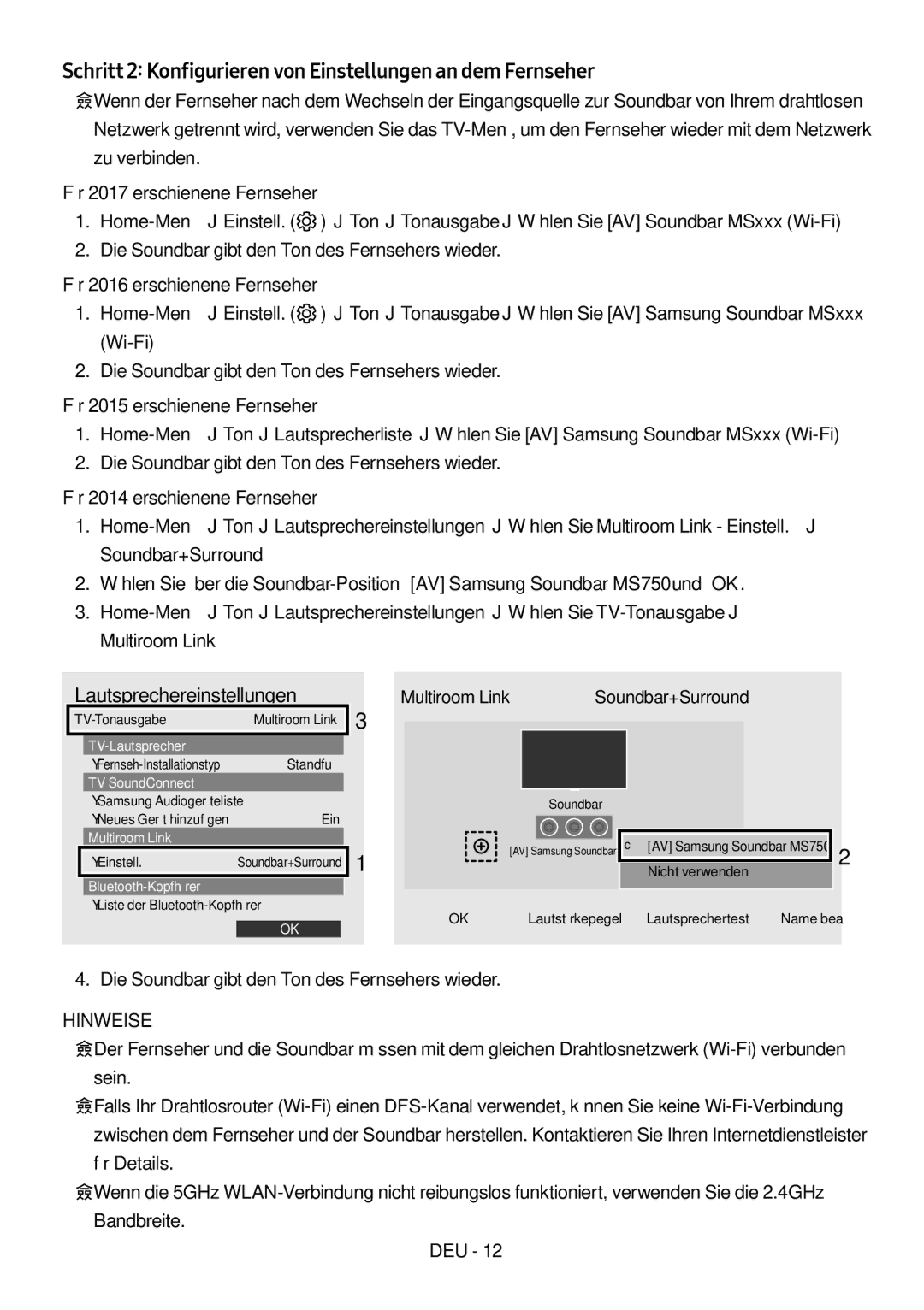 Samsung HW-MS750/XN, HW-MS751/EN Schritt 2 Konfigurieren von Einstellungen an dem Fernseher, Lautsprechereinstellungen 