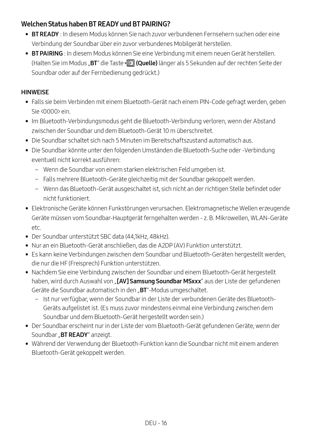 Samsung HW-MS750/XN, HW-MS751/EN, HW-MS750/EN, HW-MS751/XN manual Welchen Status haben BT Ready und BT PAIRING? 