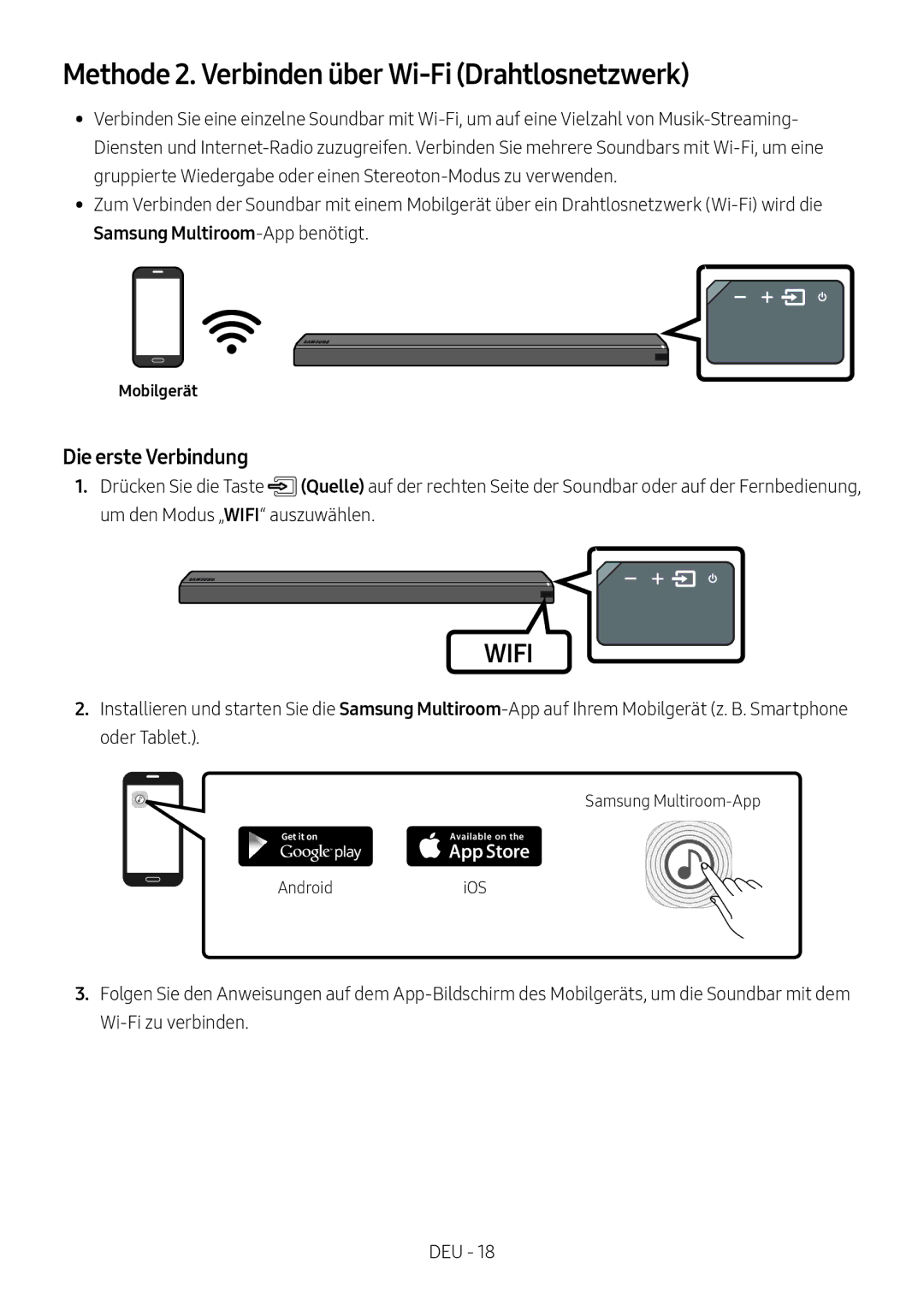 Samsung HW-MS750/EN, HW-MS751/EN, HW-MS751/XN, HW-MS750/XN manual Methode 2. Verbinden über Wi-Fi Drahtlosnetzwerk, Mobilgerät 