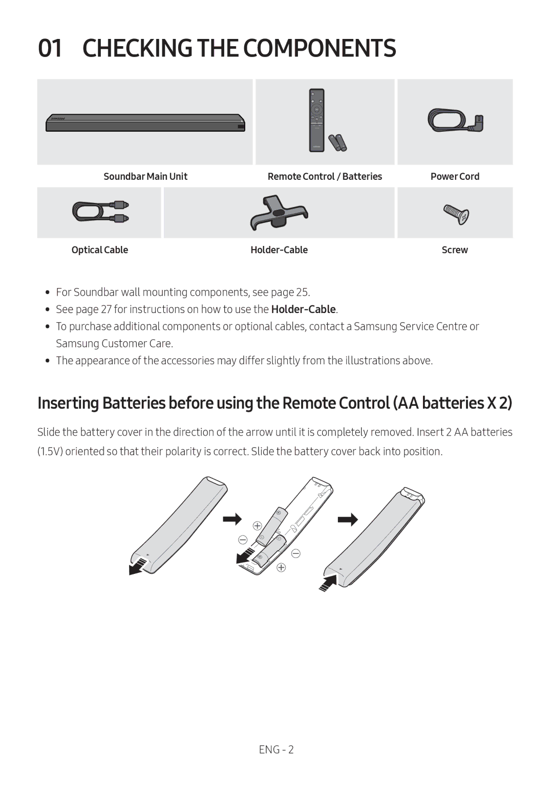 Samsung HW-MS751/XN, HW-MS751/EN, HW-MS750/EN Checking the Components, Soundbar Main Unit, Optical Cable, Power Cord Screw 