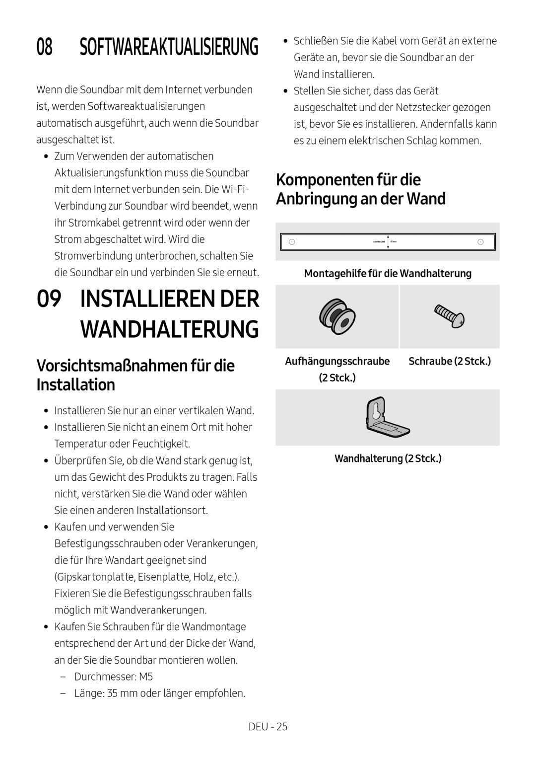 Samsung HW-MS751/EN Vorsichtsmaßnahmen für die Installation, Montagehilfe für die Wandhalterung, Wandhalterung 2 Stck 