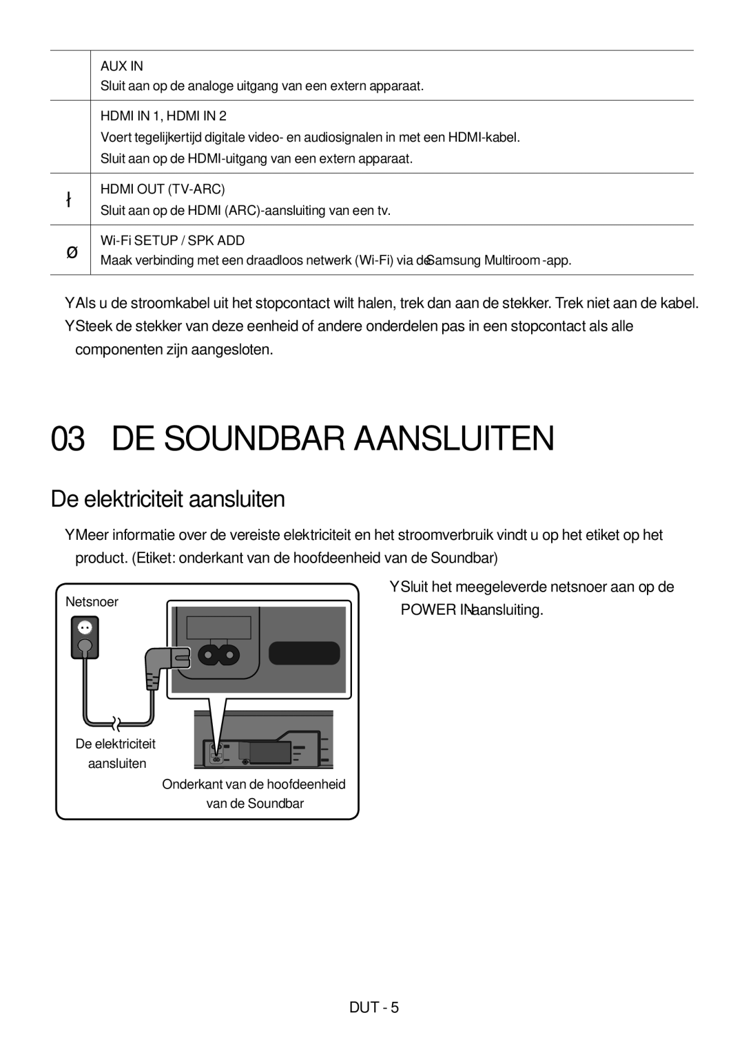 Samsung HW-MS750/XN, HW-MS751/EN, HW-MS750/EN, HW-MS751/XN DE Soundbar Aansluiten, De elektriciteit aansluiten, Netsnoer 