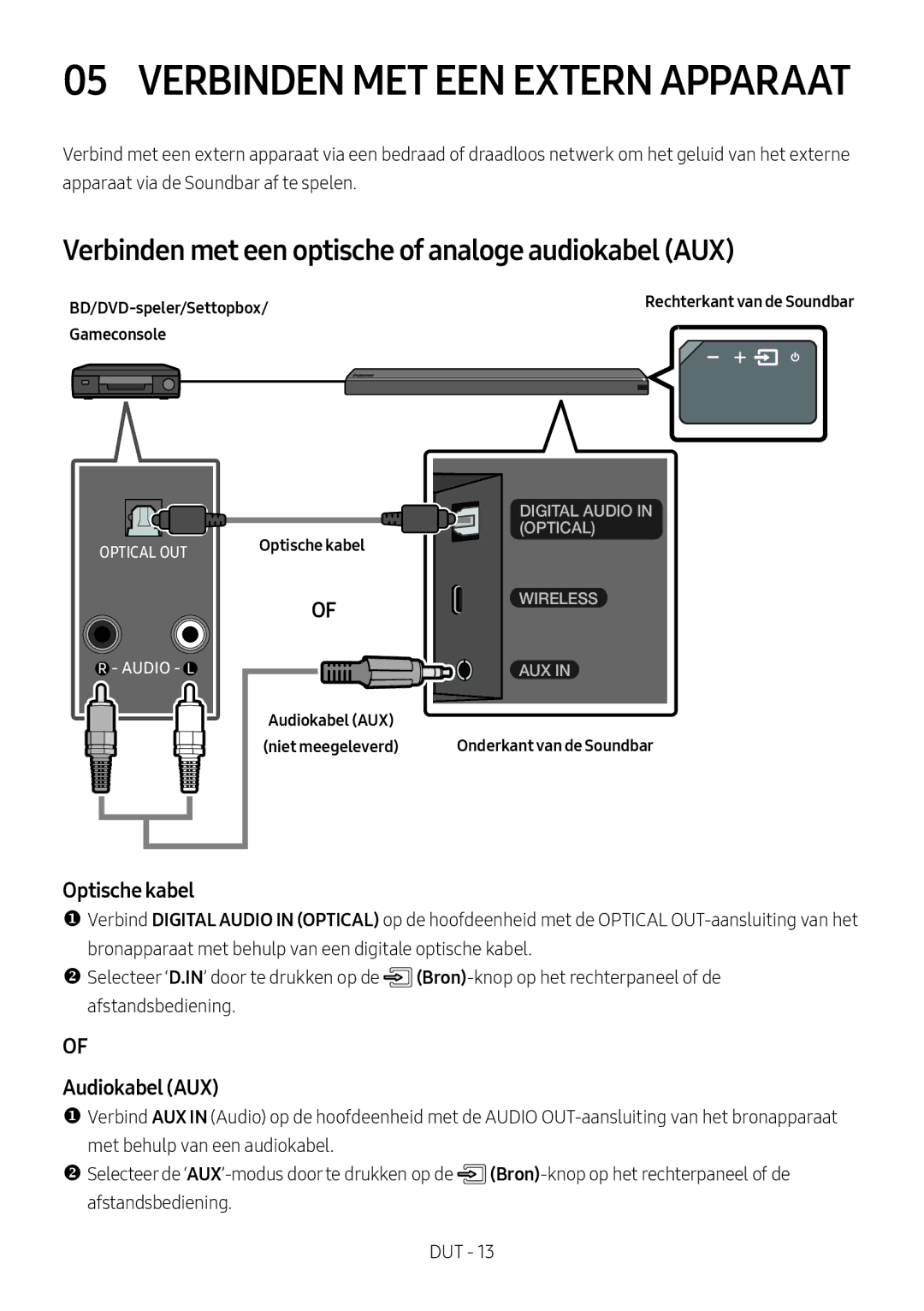 Samsung HW-MS750/XN, HW-MS751/EN manual Verbinden met een optische of analoge audiokabel AUX, Optische kabel, Audiokabel AUX 