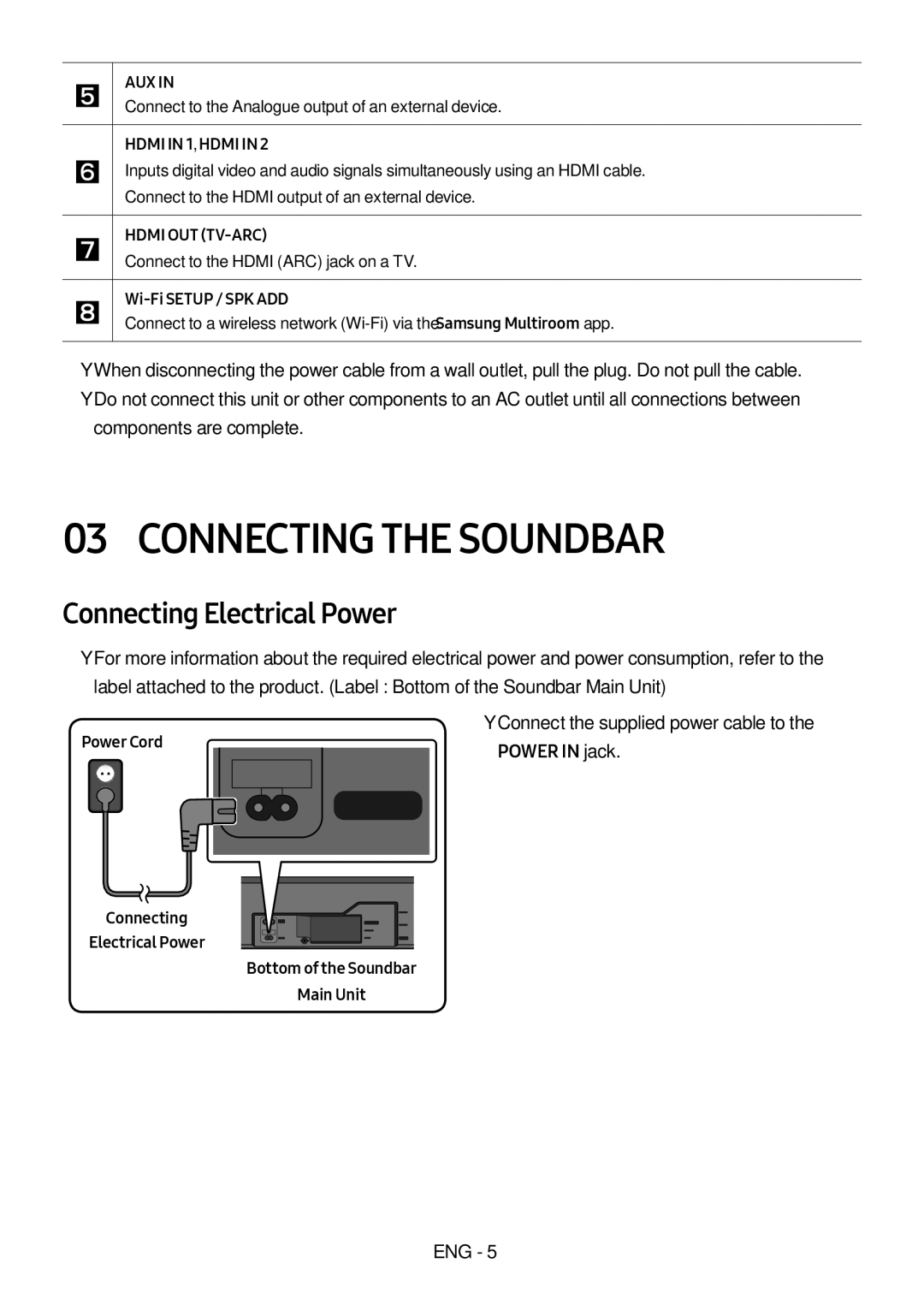 Samsung HW-MS750/EN, HW-MS751/EN Connecting the Soundbar, Connecting Electrical Power, Wi-Fi Setup / SPK ADD, Power Cord 