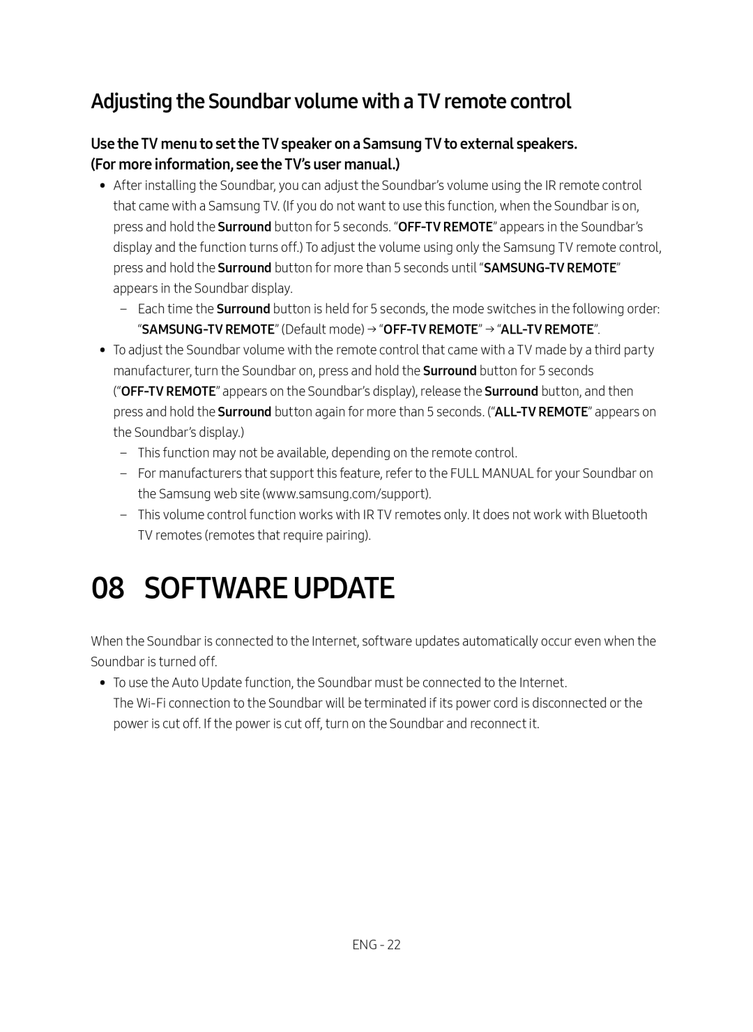 Samsung HW-MS751/XN, HW-MS751/EN, HW-MS750/EN manual Software Update, Adjusting the Soundbar volume with a TV remote control 