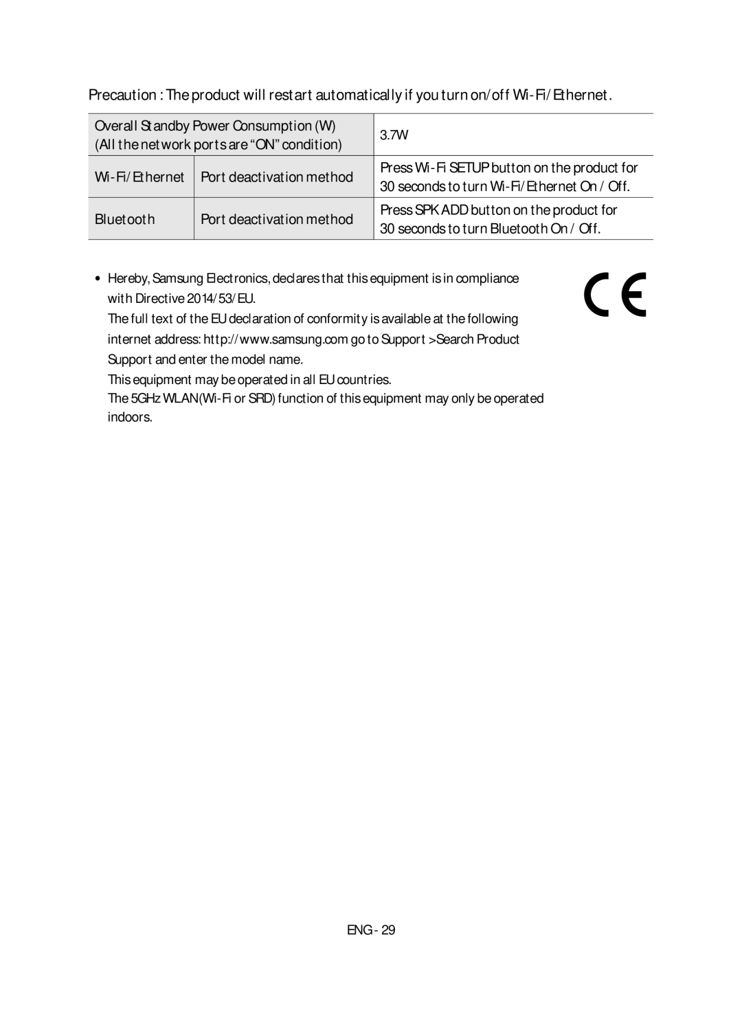 Samsung HW-MS750/EN, HW-MS751/EN manual Seconds to turn Wi-Fi/Ethernet On / Off, Press Wi-Fi Setup button on the product for 