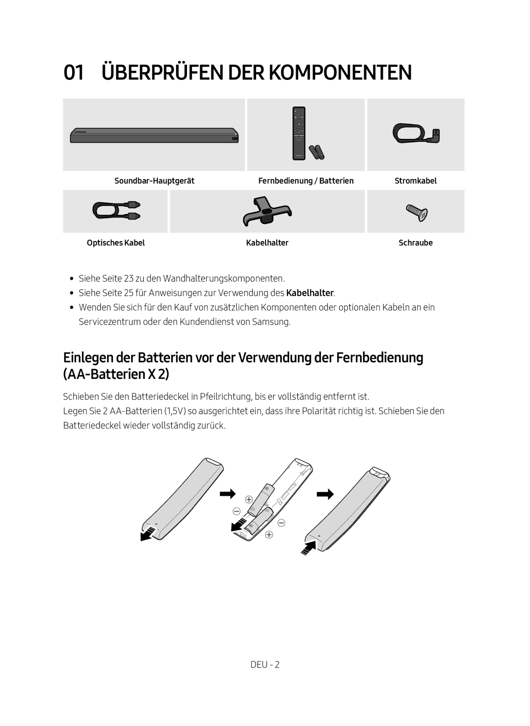 Samsung HW-MS750/XN, HW-MS751/EN 01 Überprüfen der Komponenten, Soundbar-Hauptgerät, Optisches Kabel, Stromkabel Schraube 