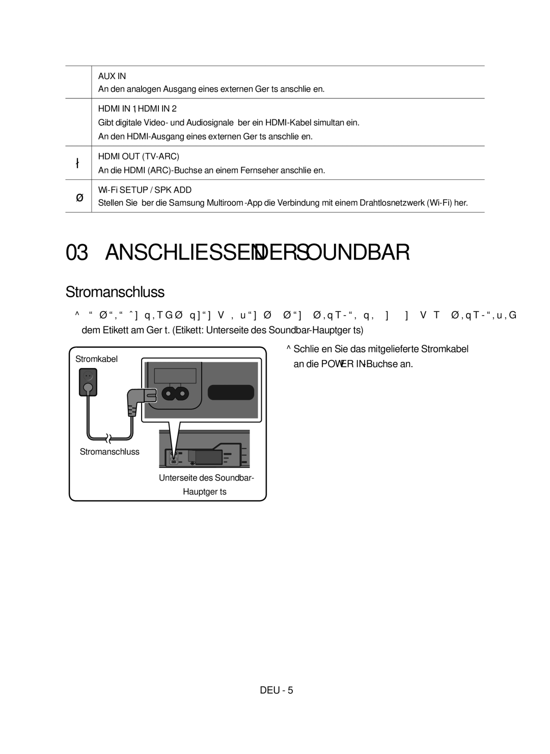 Samsung HW-MS751/XN, HW-MS751/EN, HW-MS750/EN, HW-MS750/XN manual Anschliessen der Soundbar, Stromanschluss, Stromkabel 