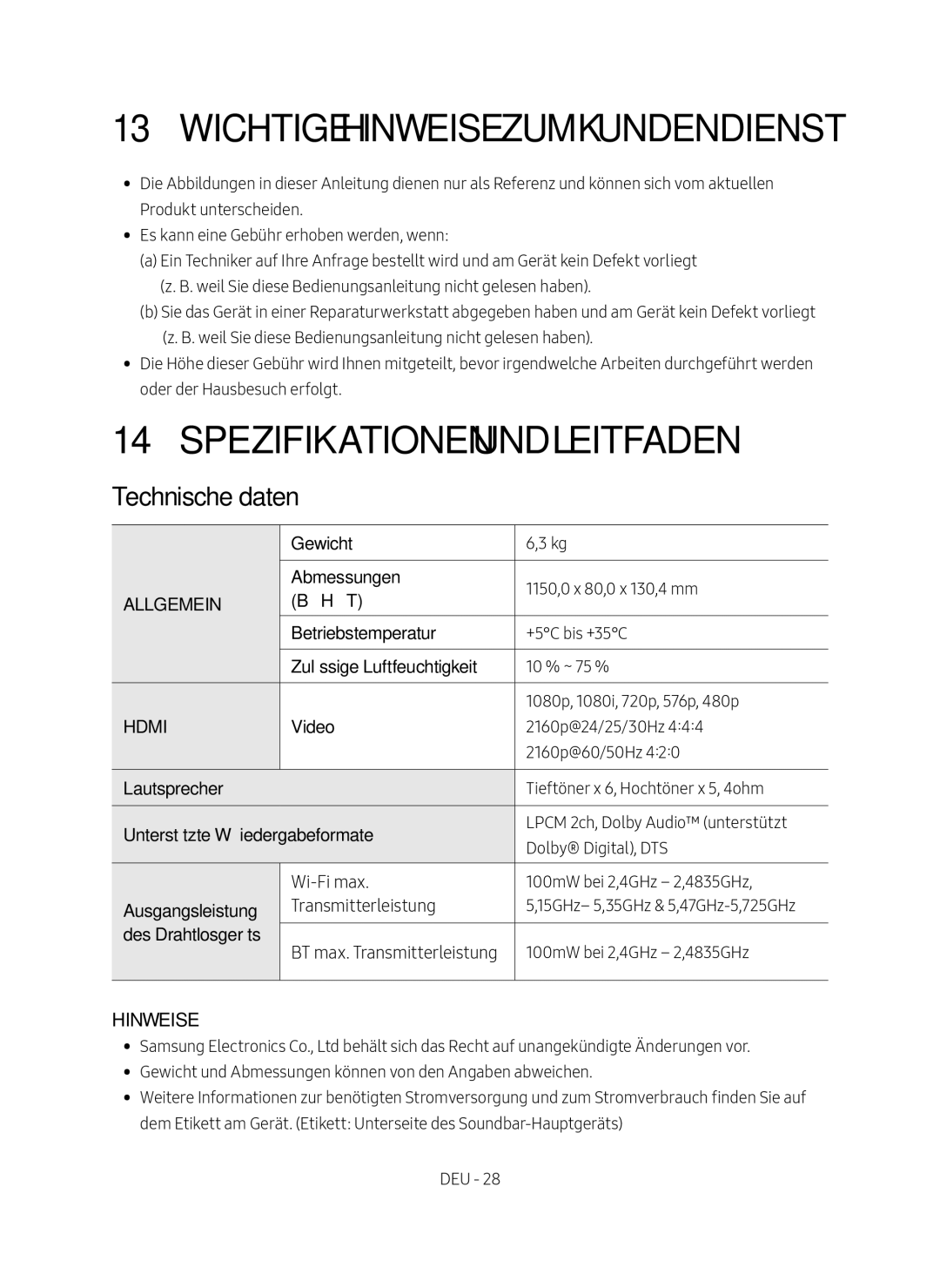 Samsung HW-MS750/EN, HW-MS751/EN manual Wichtige Hinweise zum Kundendienst, Spezifikationen und Leitfaden, Technische daten 