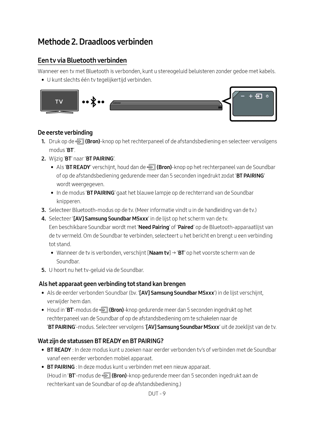 Samsung HW-MS750/XN, HW-MS751/EN manual Methode 2. Draadloos verbinden, Een tv via Bluetooth verbinden, De eerste verbinding 