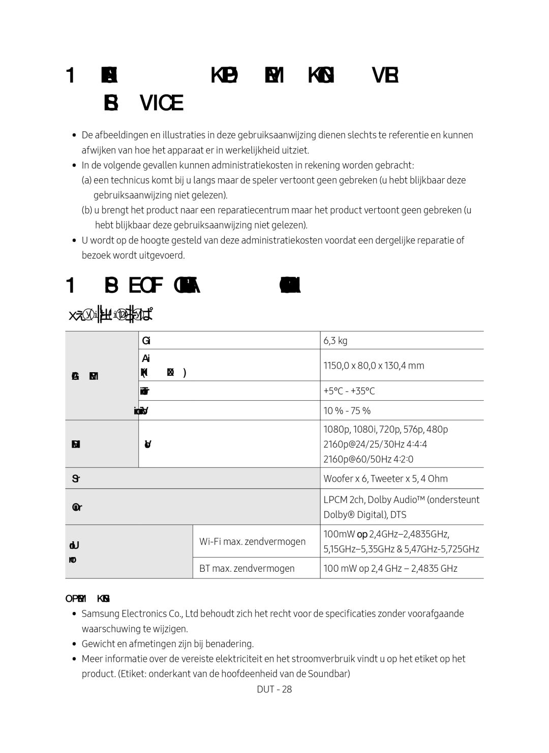 Samsung HW-MS751/XN, HW-MS751/EN, HW-MS750/EN, HW-MS750/XN Belangrijke Opmerking over Service, Specificaties en Handleiding 