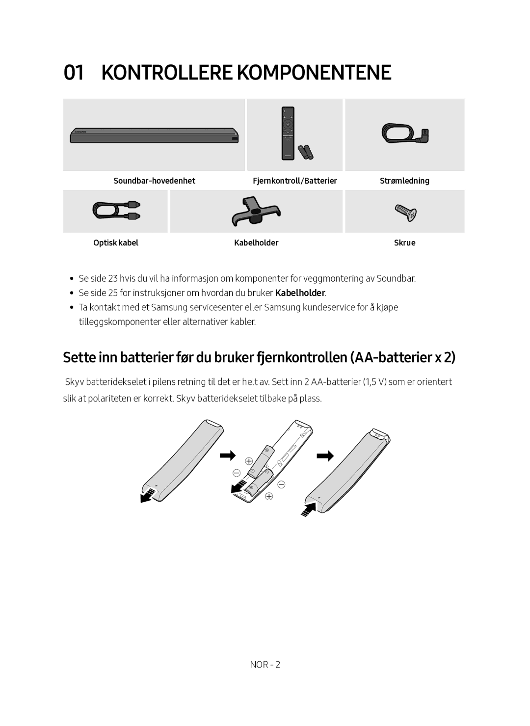 Samsung HW-MS761/XE Kontrollere komponentene, Soundbar-hovedenhetFjernkontroll/Batterier Optisk kabel, Strømledning Skrue 