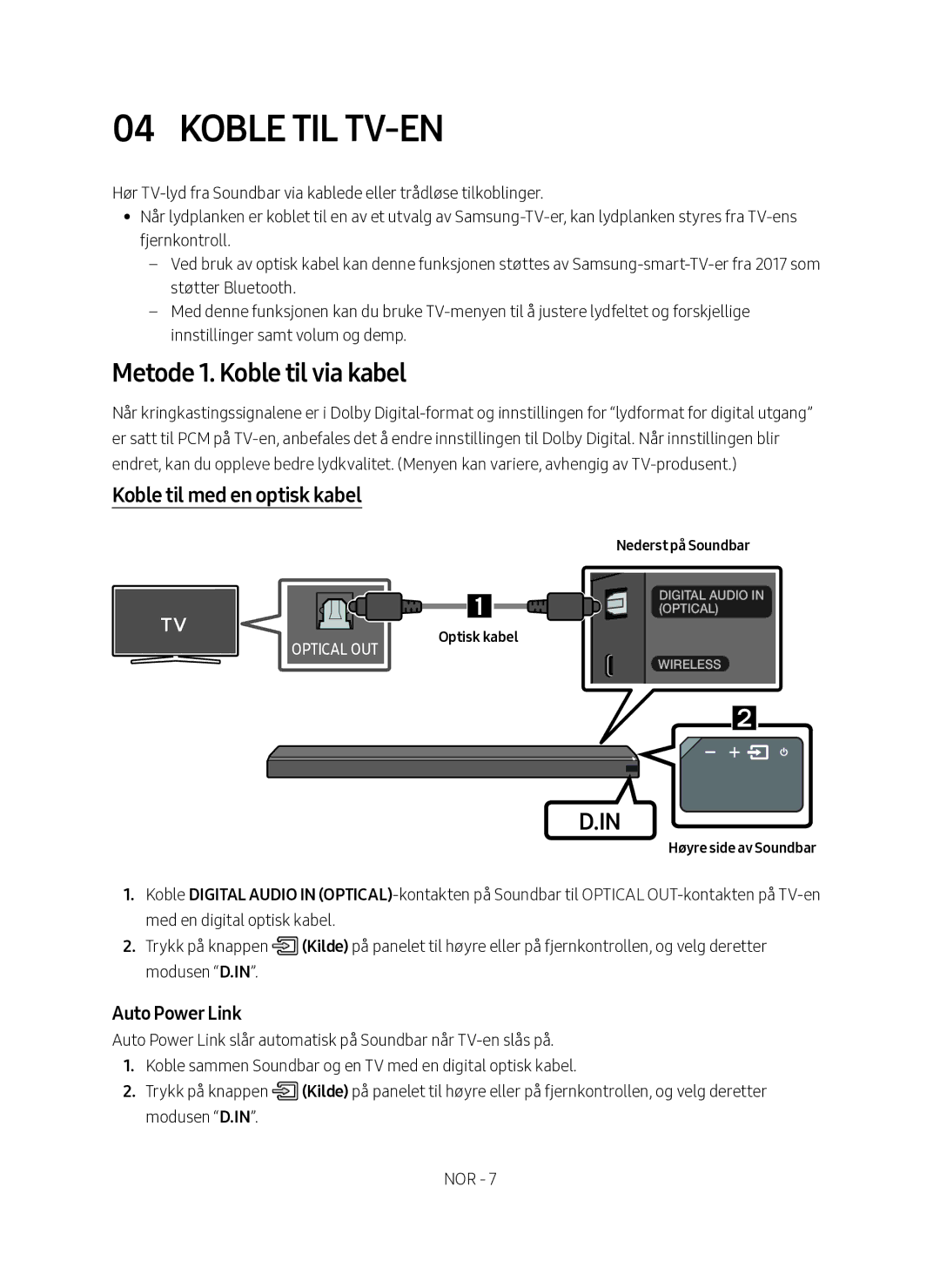 Samsung HW-MS760/XE Koble til TV-en, Metode 1. Koble til via kabel, Koble til med en optisk kabel, Høyre side av Soundbar 