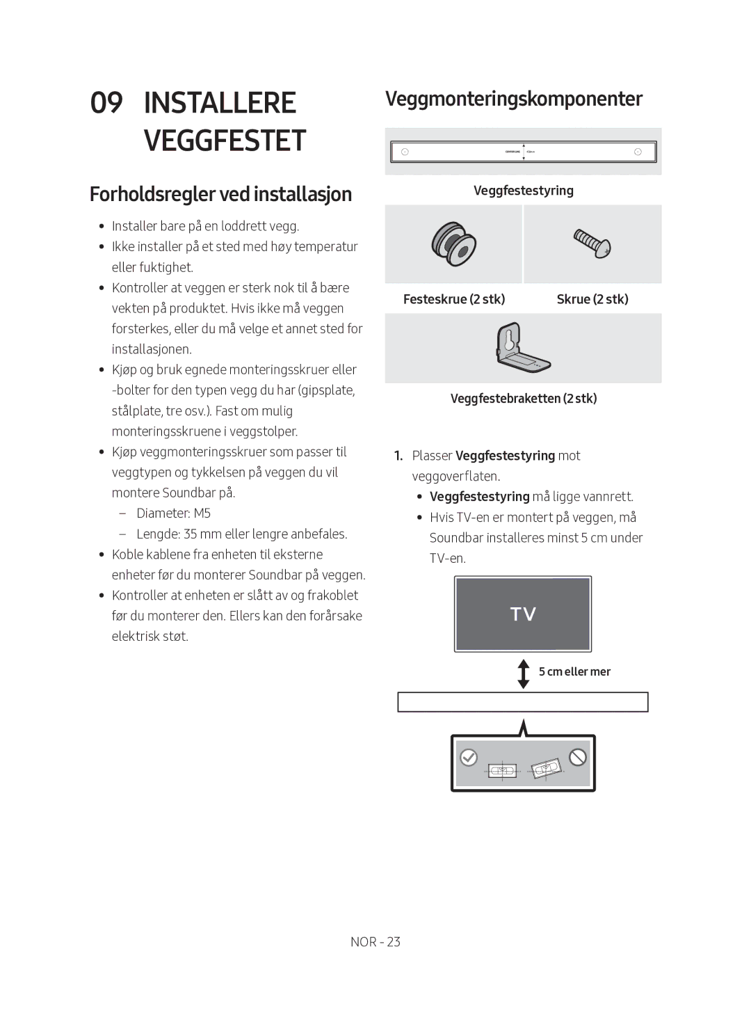 Samsung HW-MS760/XE manual Installere veggfestet, Forholdsregler ved installasjon, Veggmonteringskomponenter, Cm eller mer 