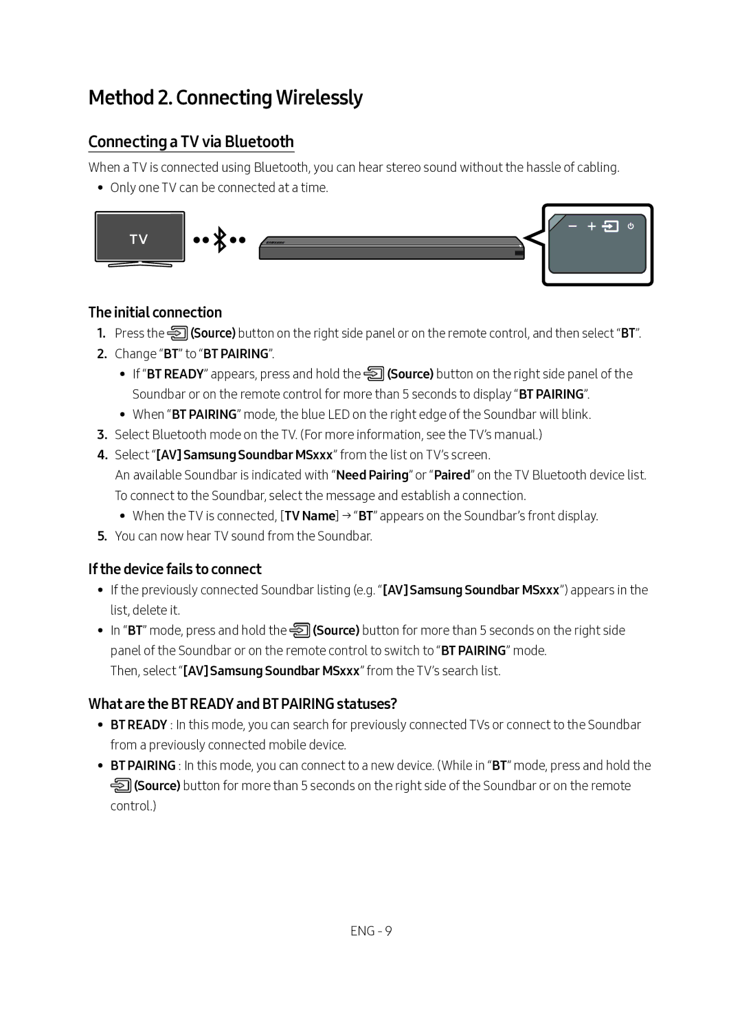 Samsung HW-MS761/XE, HW-MS760/XE manual Method 2. Connecting Wirelessly, Connecting a TV via Bluetooth, Initial connection 