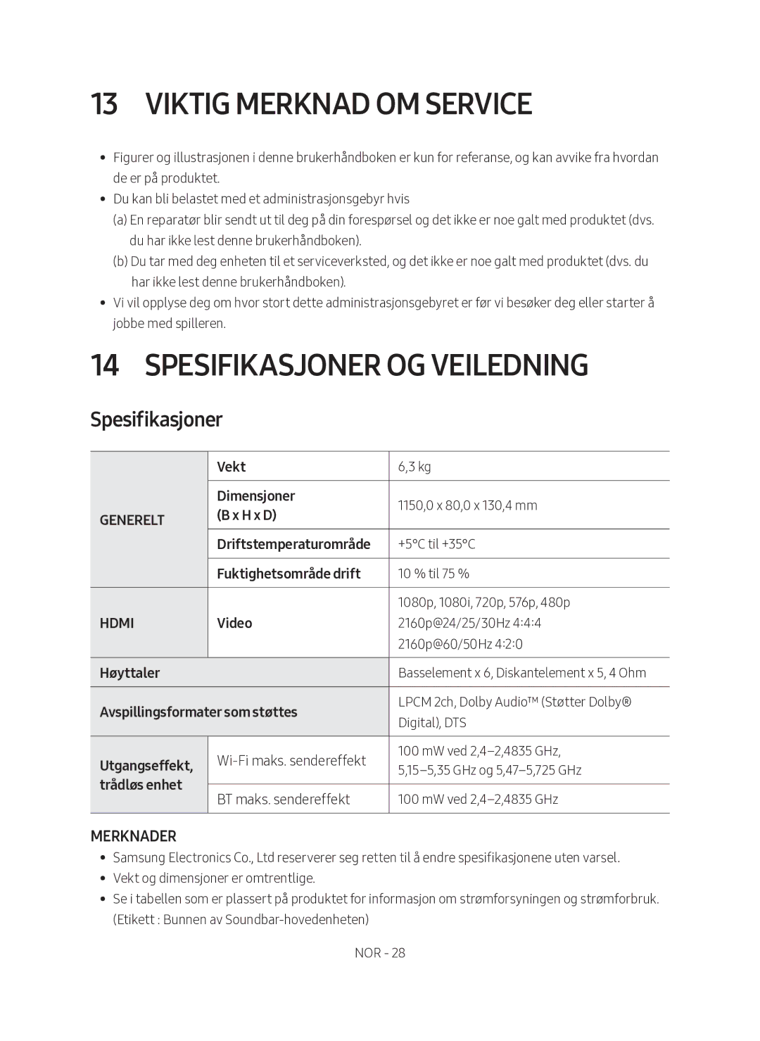 Samsung HW-MS761/XE, HW-MS760/XE manual Viktig merknad om service, Spesifikasjoner og veiledning 