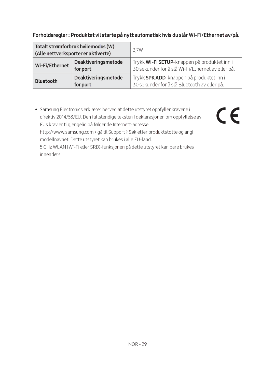 Samsung HW-MS760/XE, HW-MS761/XE manual Sekunder for å slå Wi-Fi/Ethernet av eller på 