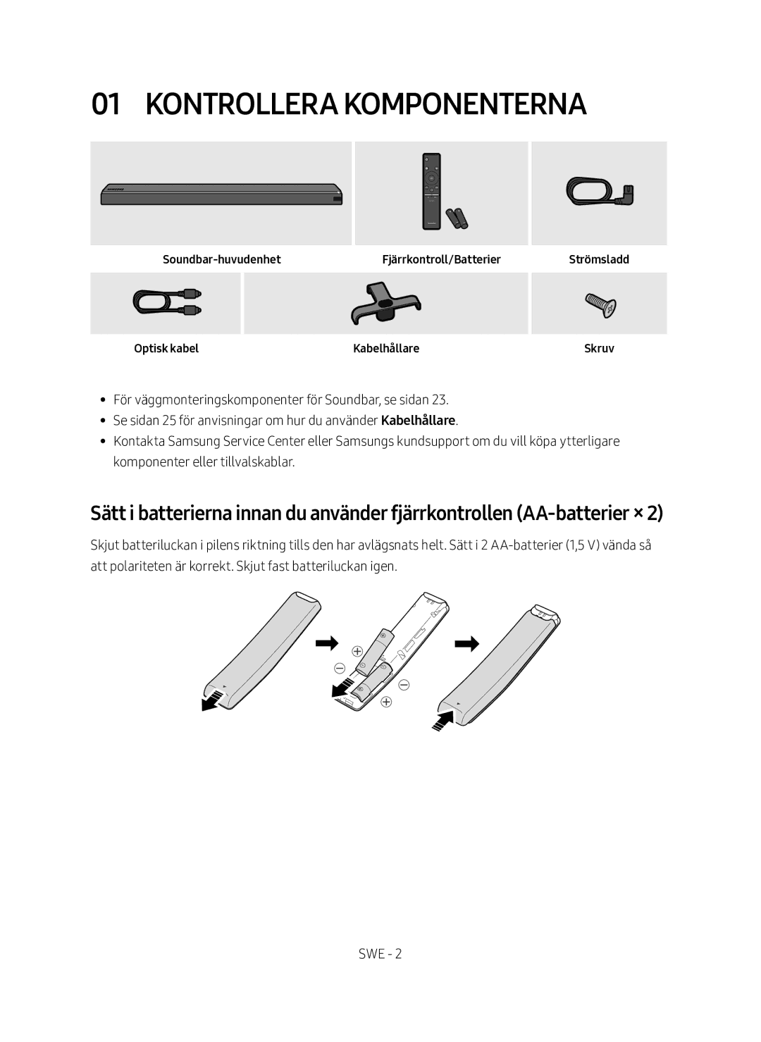 Samsung HW-MS760/XE Kontrollera komponenterna, Soundbar-huvudenhetFjärrkontroll/Batterier Optisk kabel, Strömsladd Skruv 