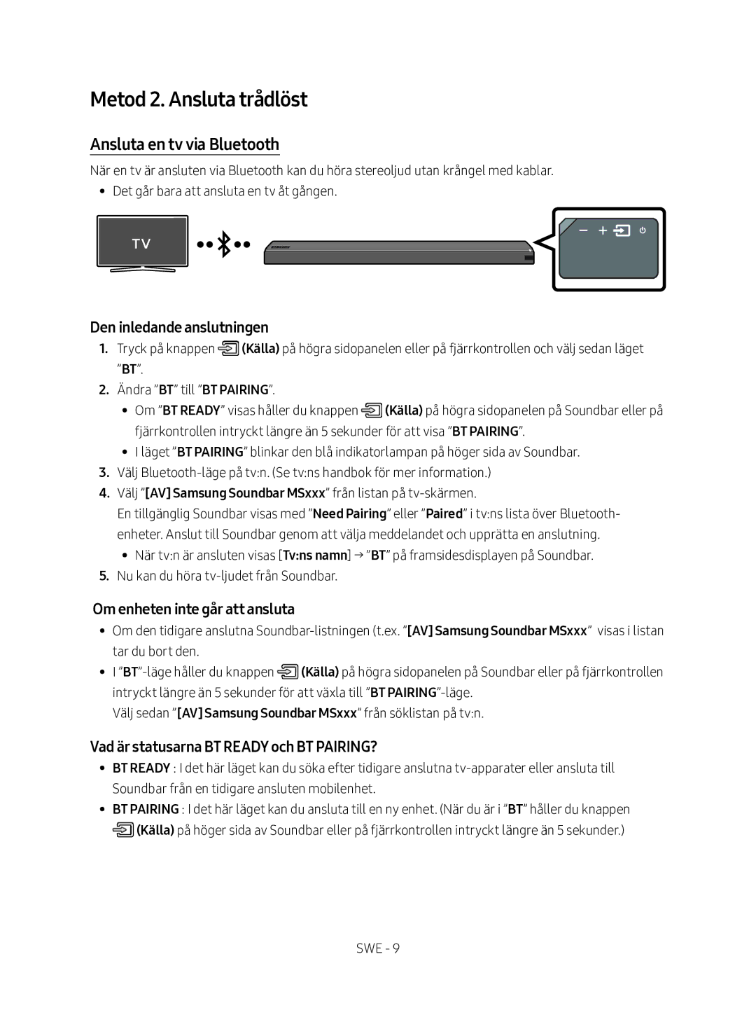 Samsung HW-MS761/XE, HW-MS760/XE manual Metod 2. Ansluta trådlöst, Ansluta en tv via Bluetooth, Den inledande anslutningen 