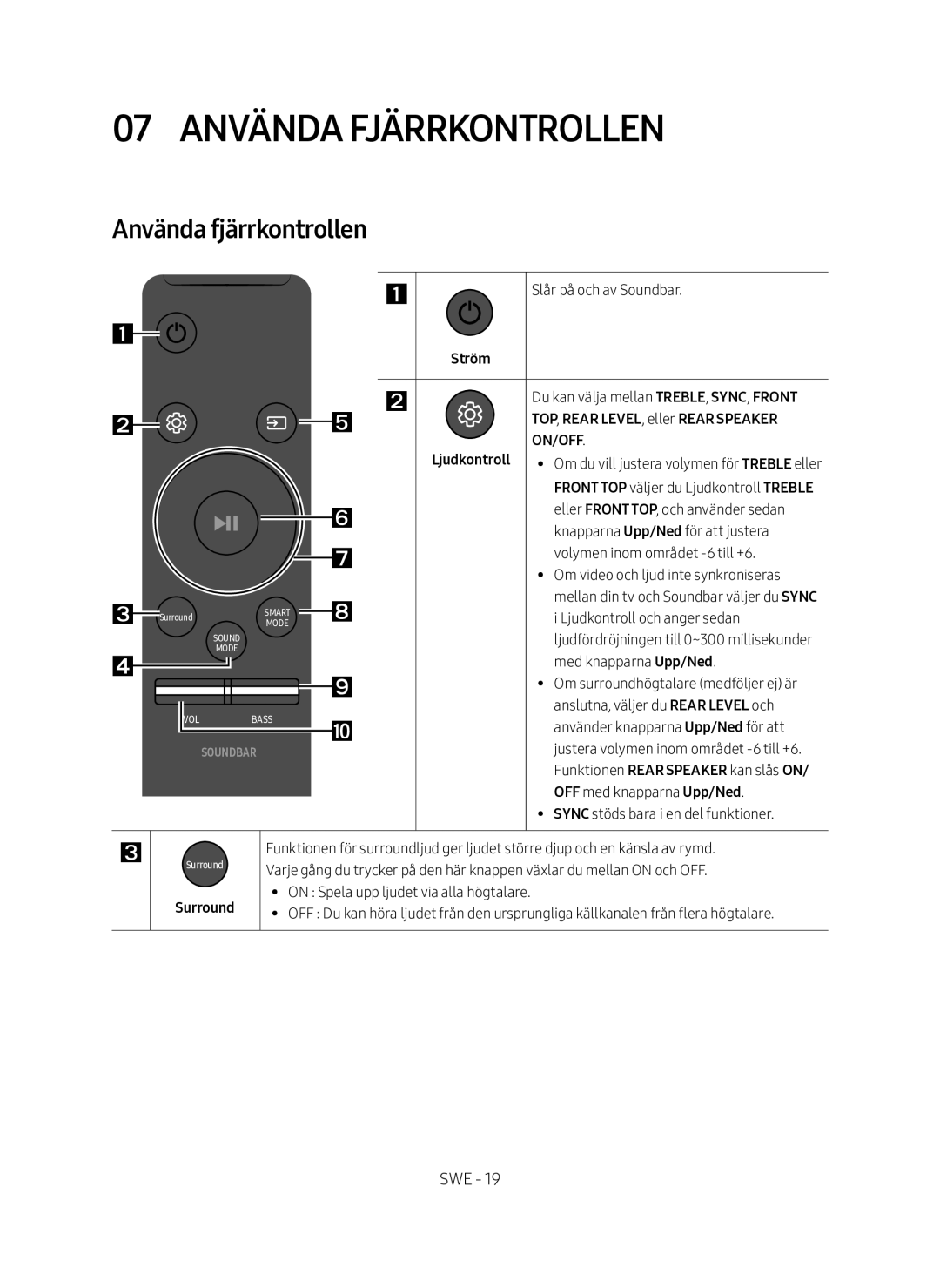 Samsung HW-MS761/XE, HW-MS760/XE manual 07 Använda fjärrkontrollen, TOP, Rear LEVEL, eller Rear Speaker 