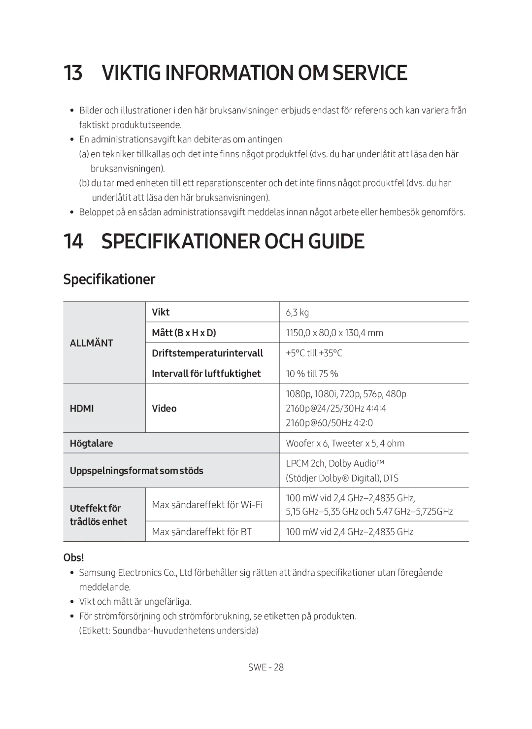 Samsung HW-MS760/XE, HW-MS761/XE manual Viktig information om service, Specifikationer och guide, Obs 