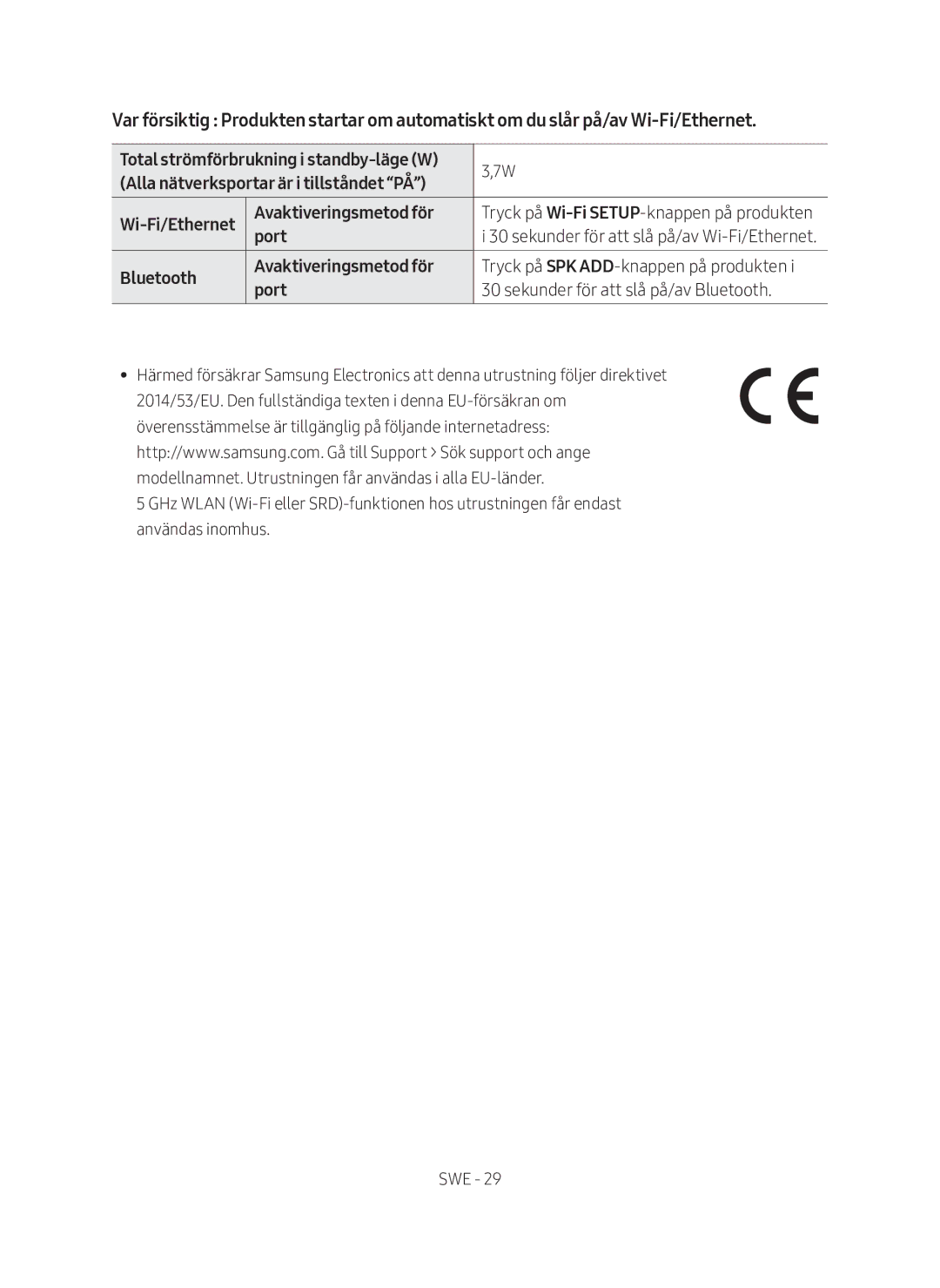 Samsung HW-MS761/XE, HW-MS760/XE Port, Tryck på Wi-FiSETUP-knappen på produkten, Sekunder för att slå på/av Wi-Fi/Ethernet 