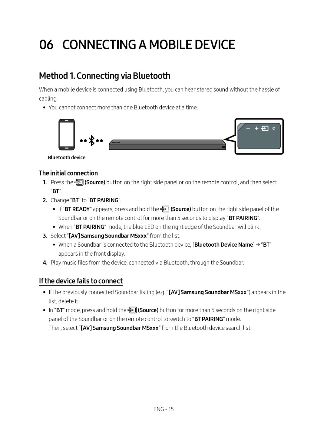 Samsung HW-MS761/XE manual Connecting a Mobile Device, Method 1. Connecting via Bluetooth, If the device fails to connect 