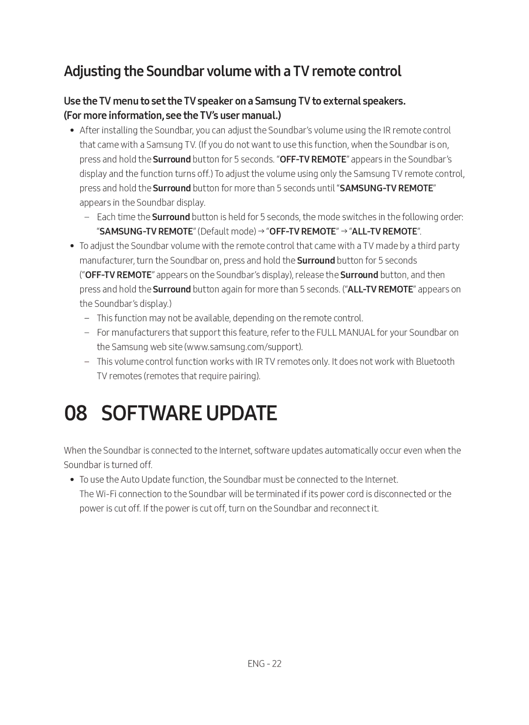 Samsung HW-MS760/XE, HW-MS761/XE manual Software Update, Adjusting the Soundbar volume with a TV remote control 