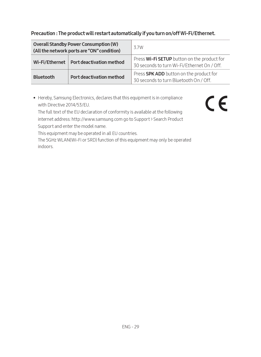 Samsung HW-MS761/XE, HW-MS760/XE manual Seconds to turn Wi-Fi/Ethernet On / Off, Press Wi-Fi Setup button on the product for 