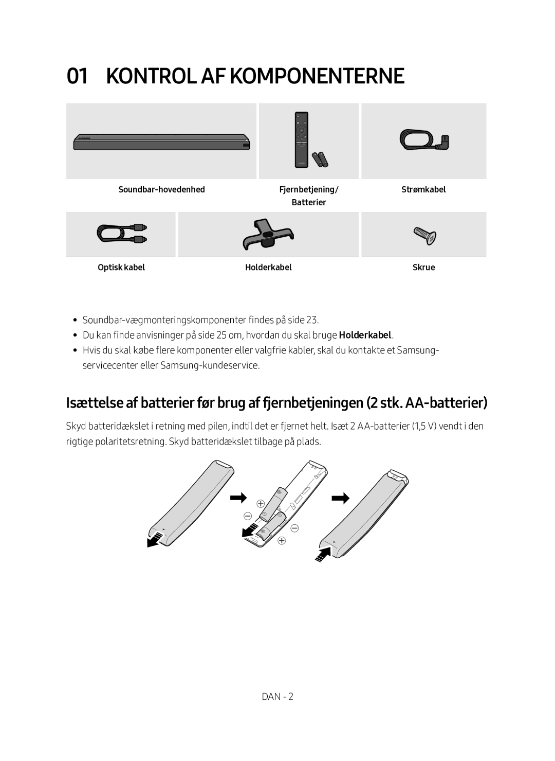 Samsung HW-MS761/XE, HW-MS760/XE manual Kontrol af komponenterne, Soundbar-hovedenhed, Optisk kabel, Strømkabel Skrue 