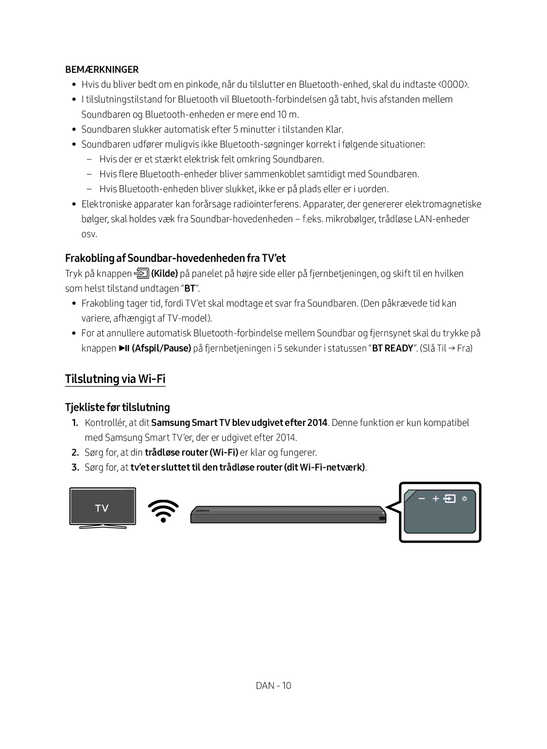 Samsung HW-MS761/XE manual Tilslutning via Wi-Fi, Frakobling af Soundbar-hovedenheden fra TV’et, Tjekliste før tilslutning 