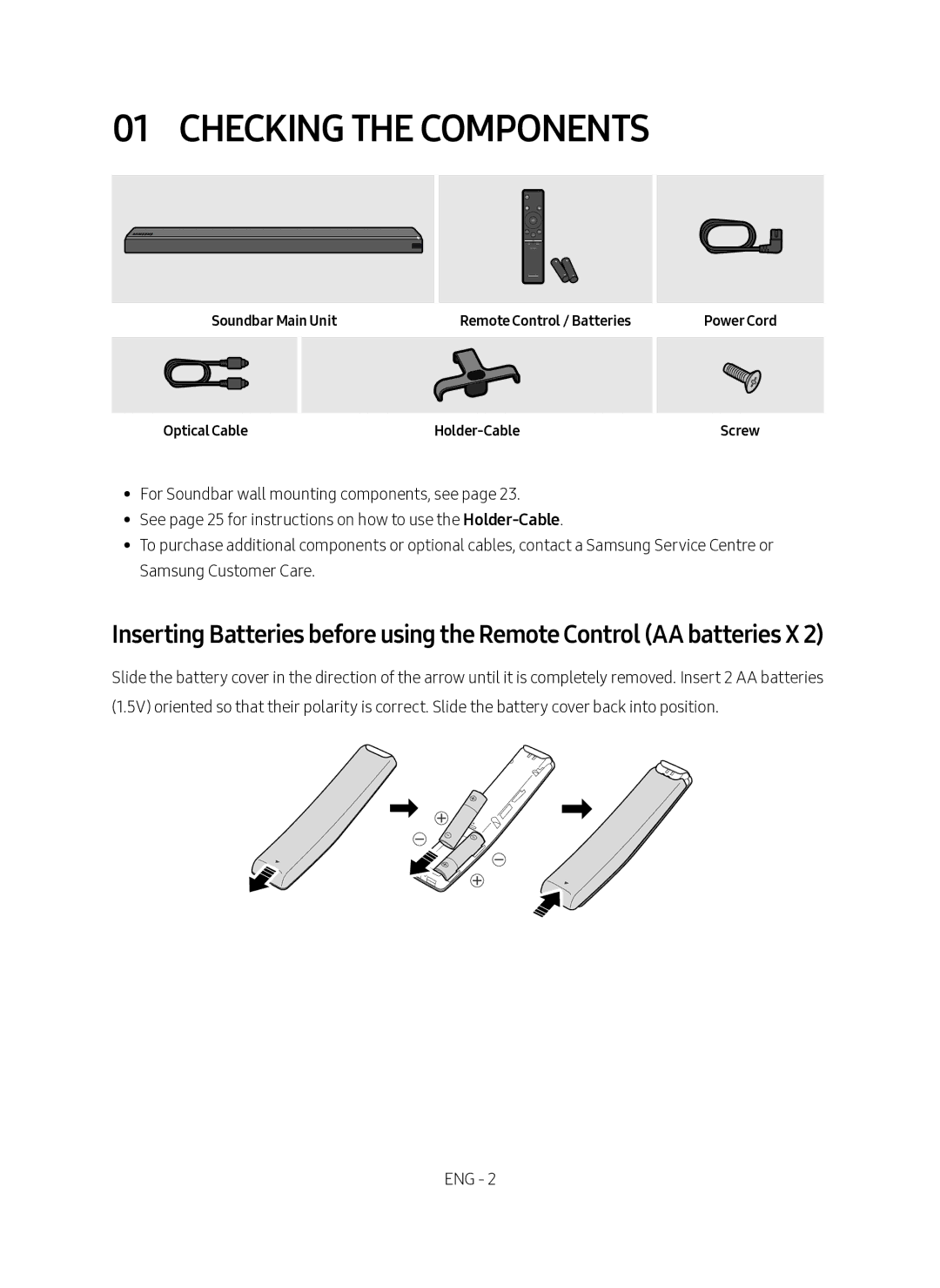 Samsung HW-MS760/XE, HW-MS761/XE manual Checking the Components, Soundbar Main Unit, Optical Cable, Power Cord Screw 