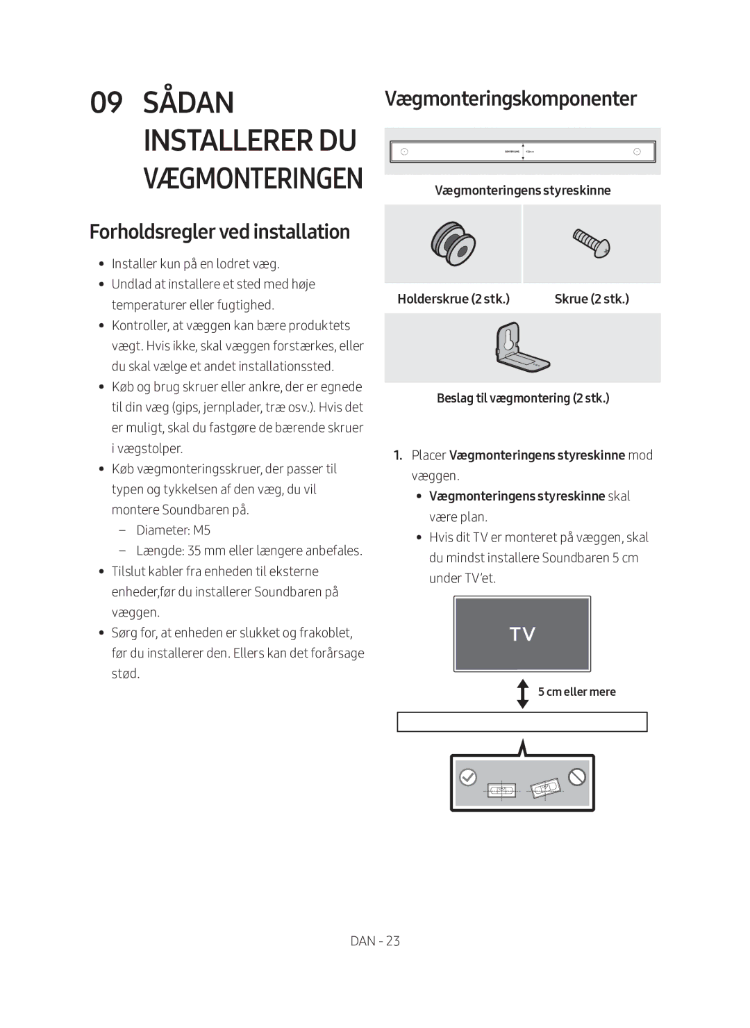 Samsung HW-MS760/XE, HW-MS761/XE manual Forholdsregler ved installation, Vægmonteringskomponenter, Cm eller mere 