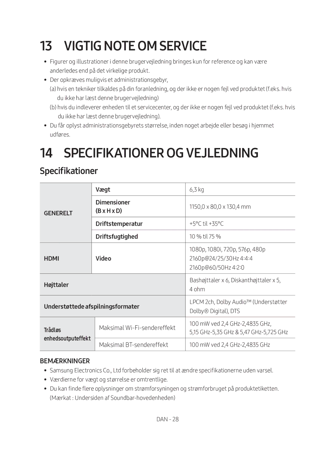 Samsung HW-MS761/XE, HW-MS760/XE manual Vigtig note om service, Specifikationer og vejledning 