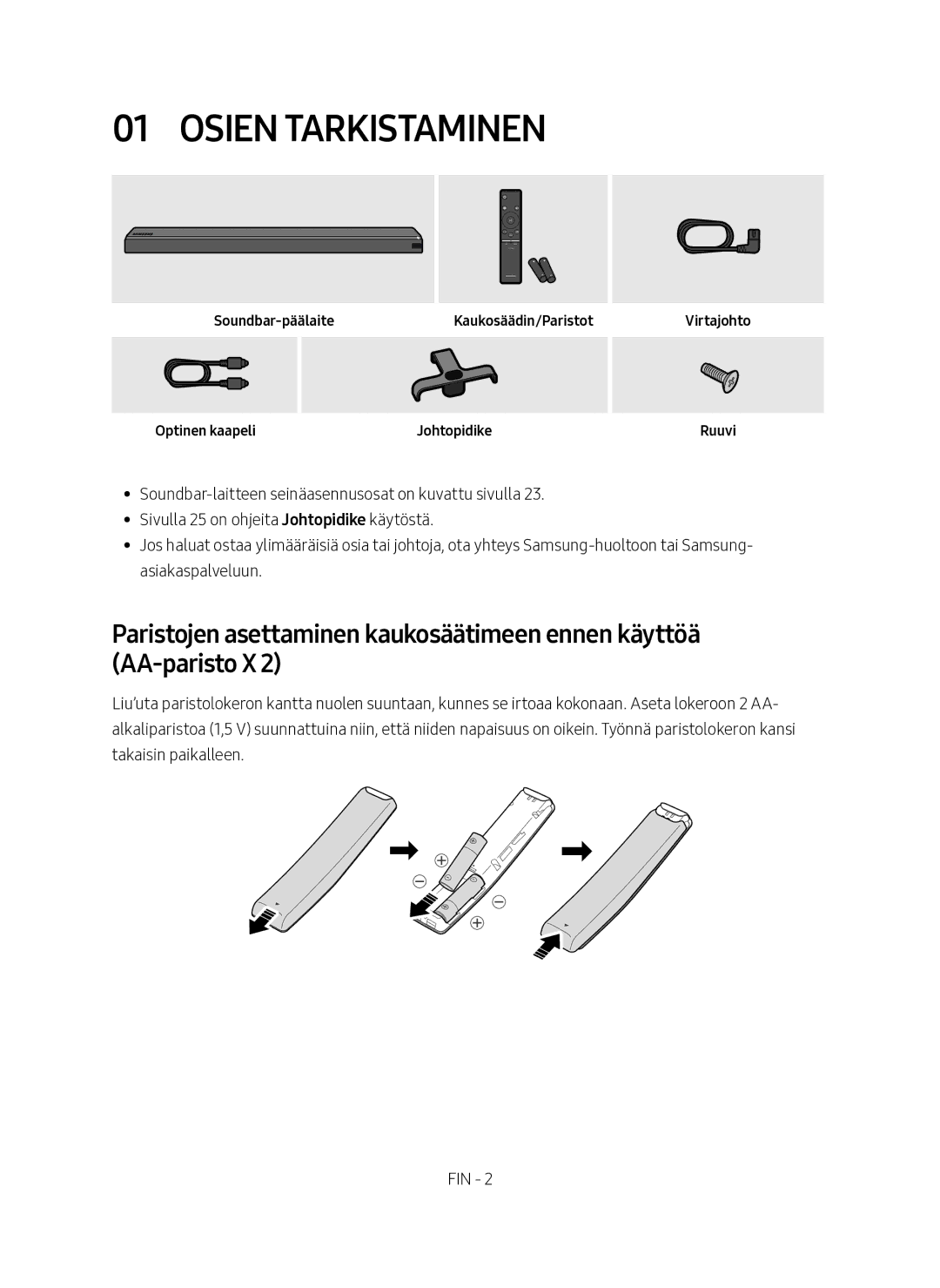 Samsung HW-MS760/XE manual Osien tarkistaminen, Soundbar-päälaiteKaukosäädin/Paristot Optinen kaapeli, Virtajohto Ruuvi 