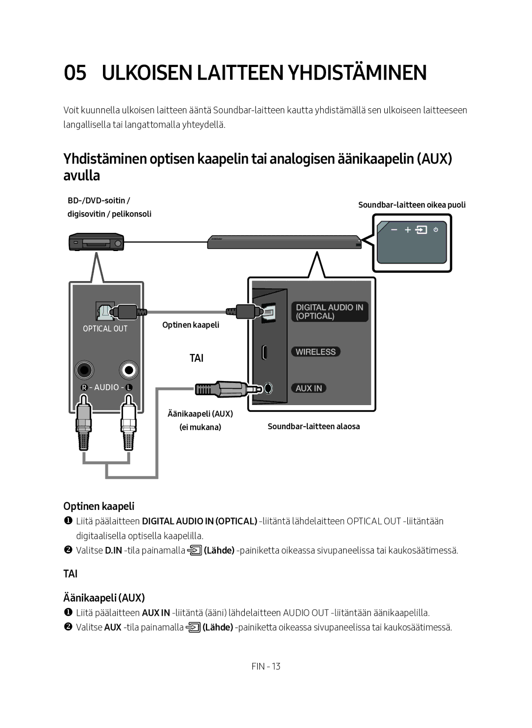 Samsung HW-MS761/XE, HW-MS760/XE manual Ulkoisen laitteen yhdistäminen, Optinen kaapeli, Äänikaapeli AUX, BD-/DVD-soitin 