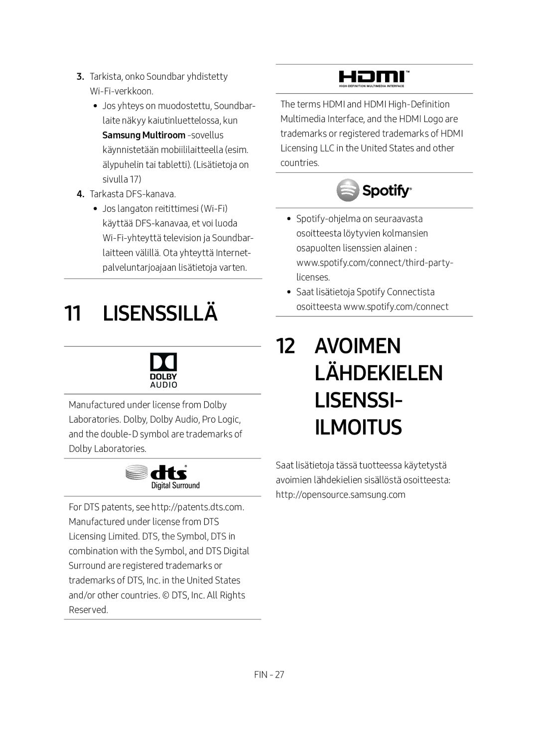 Samsung HW-MS761/XE, HW-MS760/XE manual Lisenssillä, Avoimen lähdekielen lisenssi- ilmoitus 