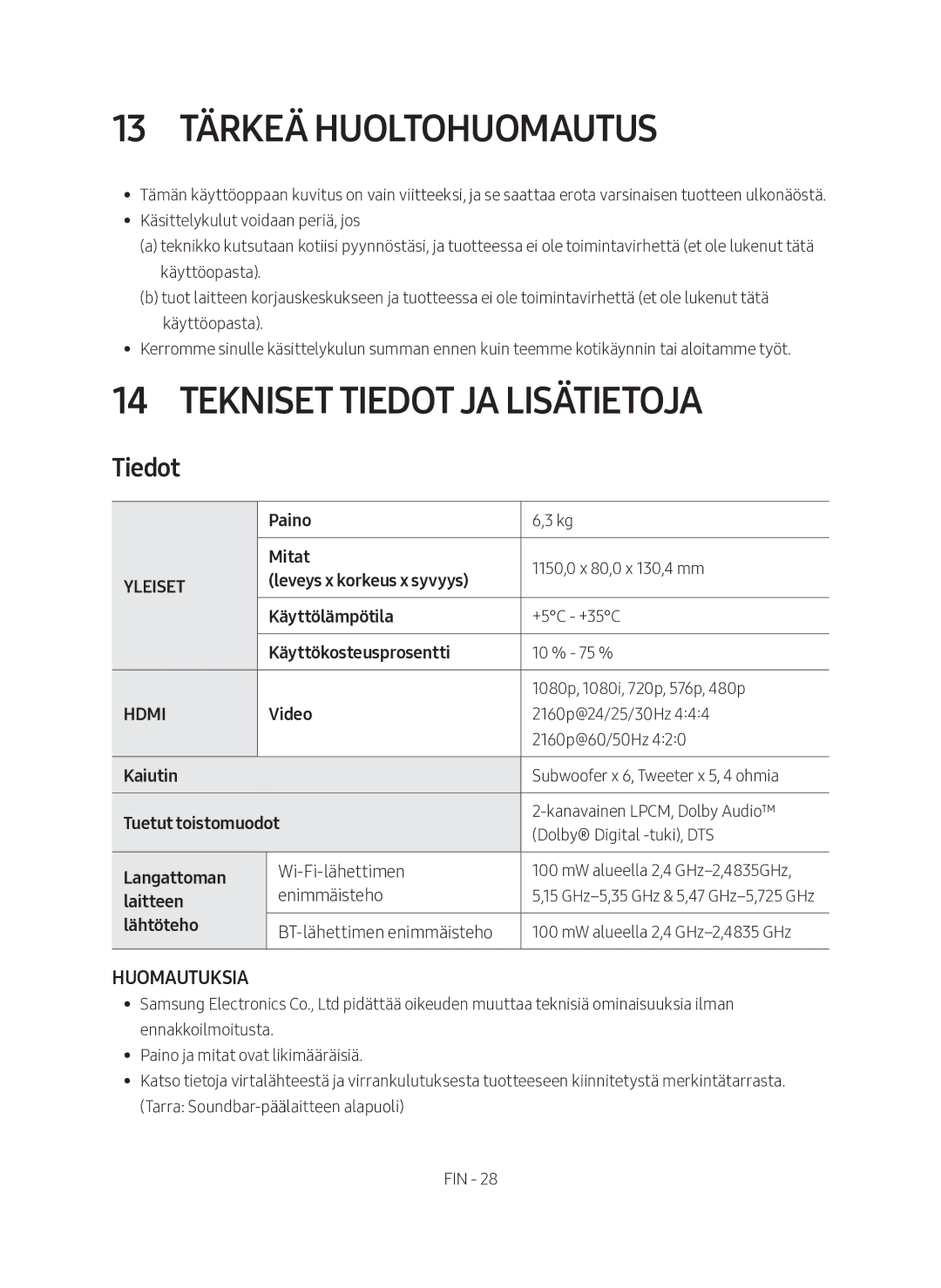 Samsung HW-MS760/XE, HW-MS761/XE manual 13 Tärkeä huoltohuomautus, Tekniset tiedot ja lisätietoja, Tiedot 