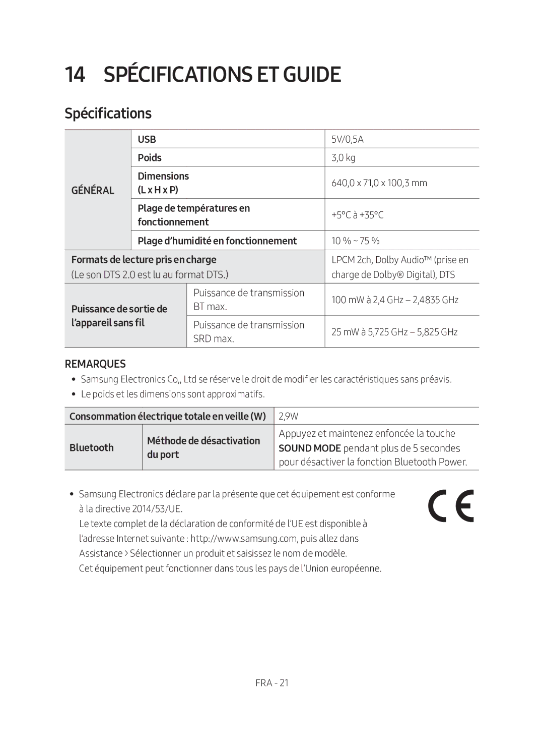 Samsung HW-N400/EN, HW-N400/XN manual 14 Spécifications et Guide, Consommation électrique totale en veille W 