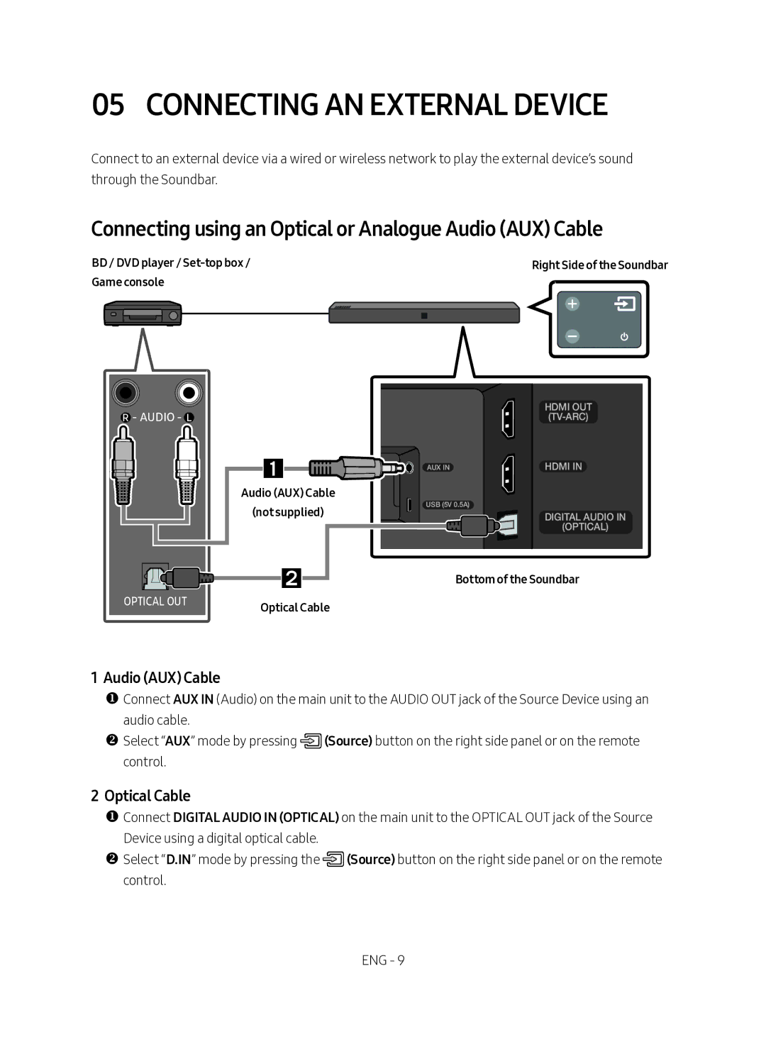 Samsung HW-N400/XN Connecting an External Device, Connecting using an Optical or Analogue Audio AUX Cable, Optical Cable 